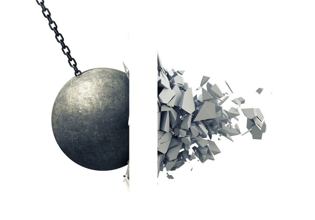 Metallic Wrecking Ball Shattering Wall. 3D Illustration.